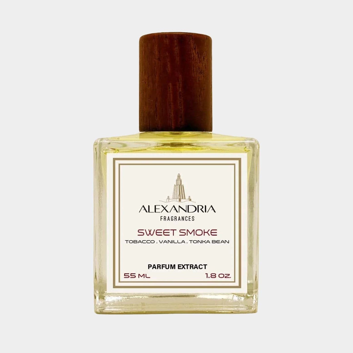A bottle of Alexandria Fragrances Sweet Smoke Sample, featuring a brown wooden cap and a label indicating notes of tobacco, vanilla, and tonka bean, with a 55 mL size.