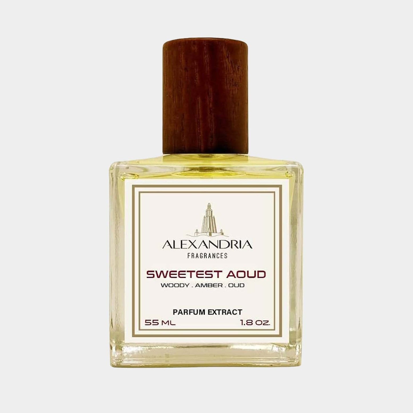 A full bottle of Alexandria Fragrances Sweetest Aoud, a parfum extract featuring notes of woody amber and oud, in a sleek glass container with a wooden cap. The bottle holds 55 ml (1.8 oz) of fragrance.