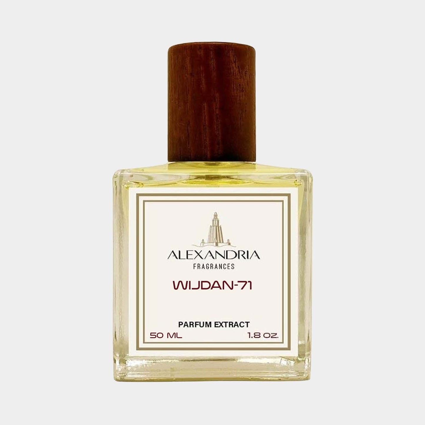 A clear glass bottle of Alexandria Fragrances Wijdan-71 sample, featuring a wooden cap and labeled with elegant white and gold detailing, containing 50 mL of parfum extract.