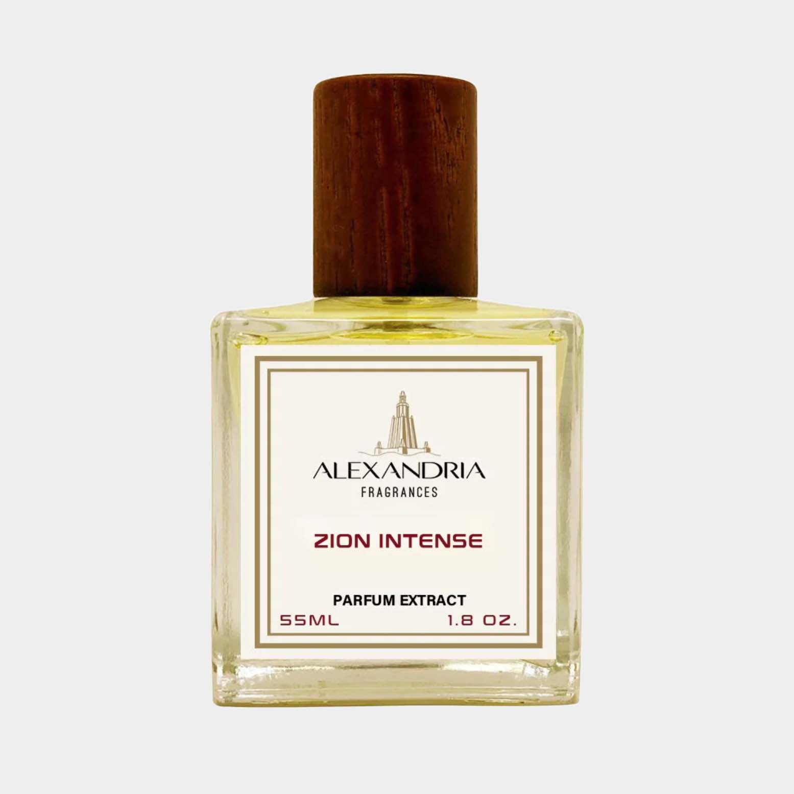 A full bottle of Alexandria Fragrances Zion Intense, featuring a transparent glass design with a wooden cap. The label indicates it is a parfum extract, containing 55ml (1.8 oz) of fragrance.