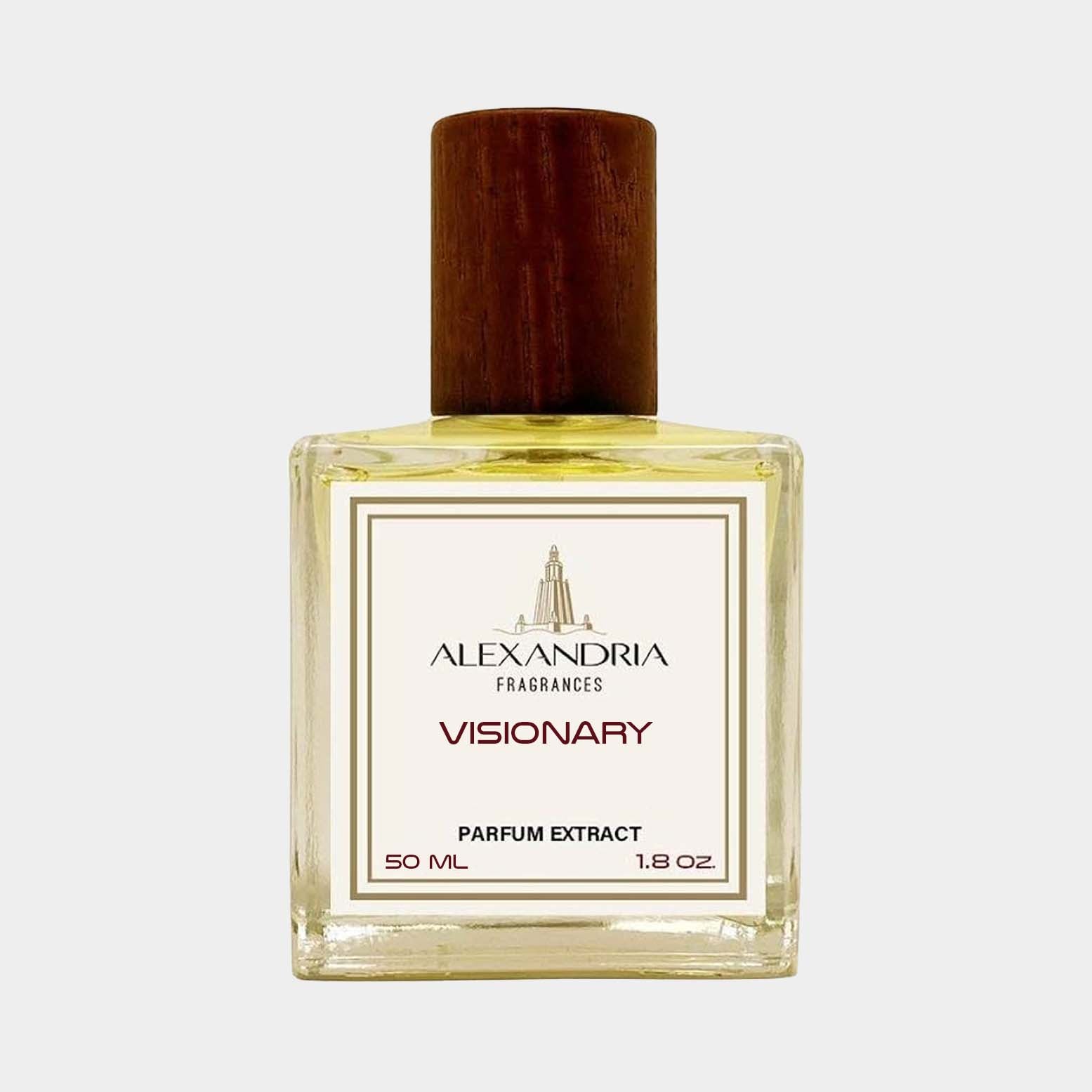 A 50 ml bottle of Alexandria Fragrances Visionary, featuring a clear glass design and a wooden cap, showcasing its luxurious parfum extract.