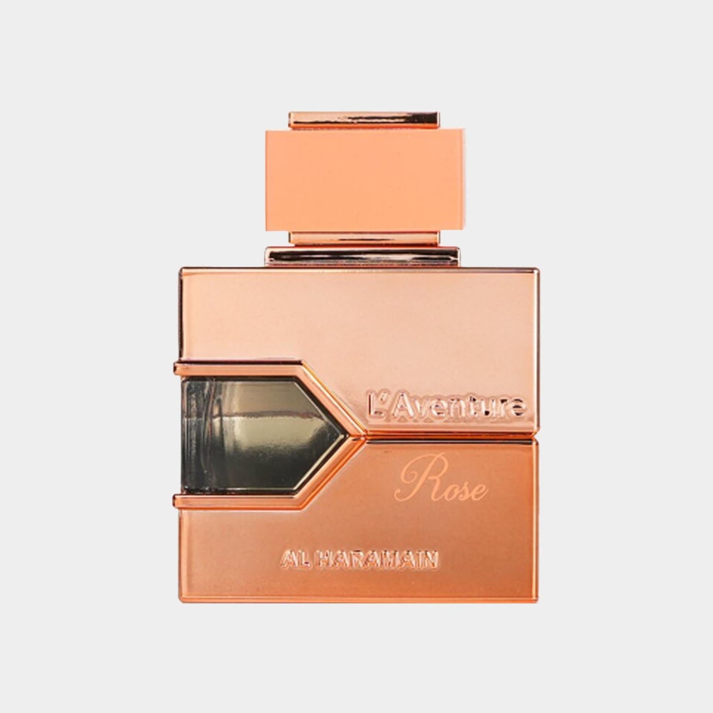 A sleek, rose gold perfume bottle labeled L'Aventure Rose by Al Haramain, featuring a modern design with a geometric shape and a prominent cap. This sample offers a glimpse of an elegant and captivating fragrance.