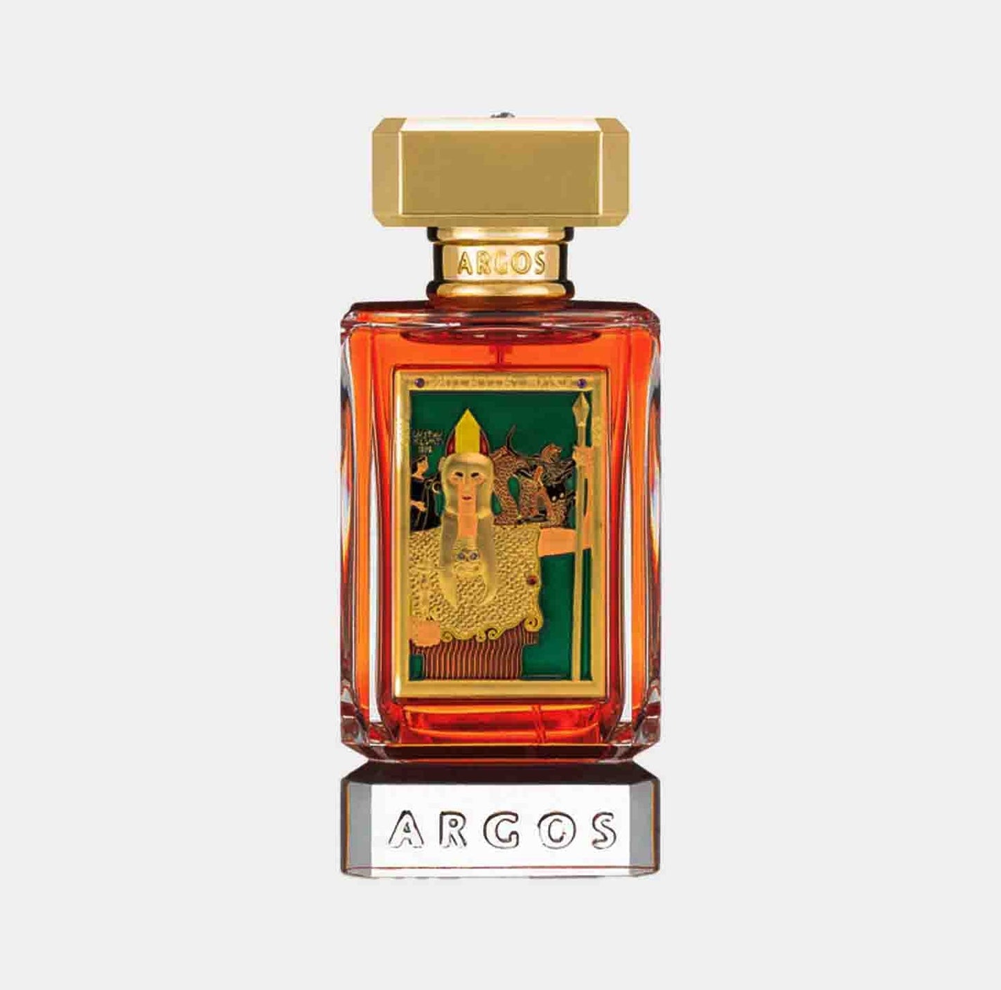 A bottle of Argos Pallas Athene Sample, featuring an ornate design with a colorful label and a gold cap, showcasing a sophisticated and artistic fragrance.