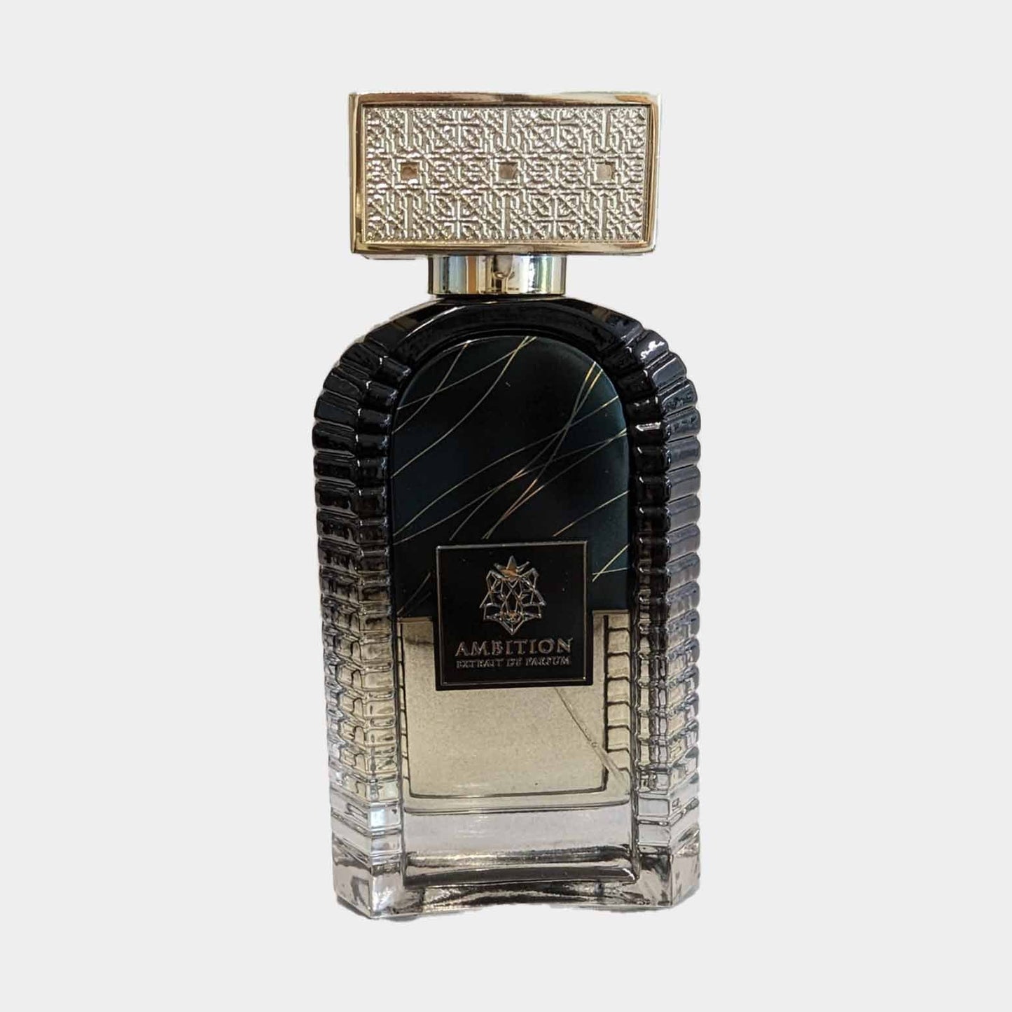 A full bottle of Aristic Parfums Ambition, featuring a stylish bottle design with a textured gold cap and a gradient black to clear base. The label displays the name AMBITION prominently.