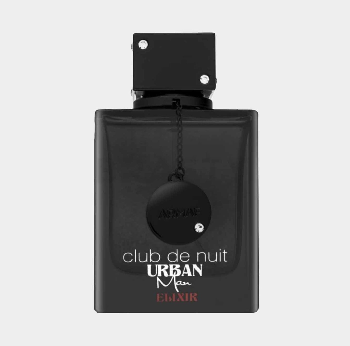 A sleek, black bottle of Armaf Club De Nuit Urban Elixir Sample, featuring a minimalist design and a signature logo on the front. The bottle is topped with a unique, square cap.