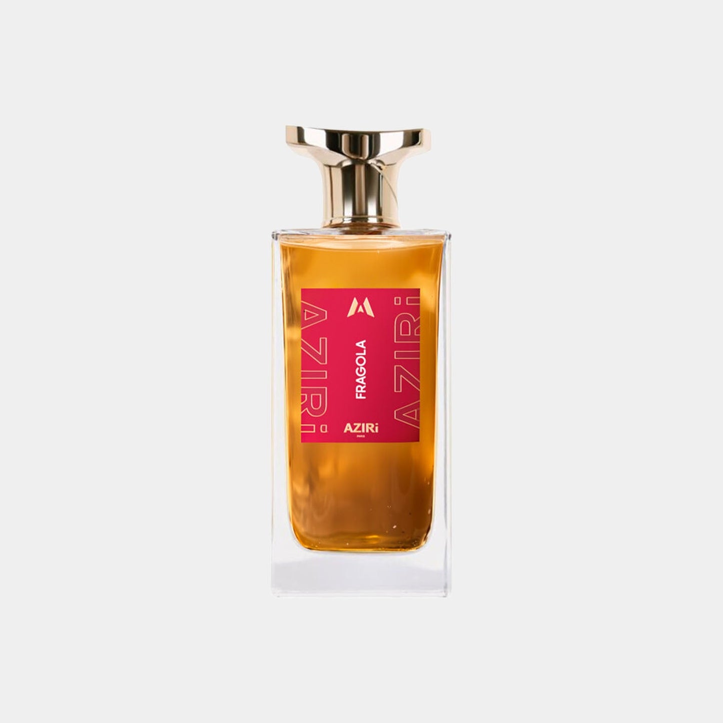 A stylish glass perfume bottle of Aziri Paris Fragola Sample, featuring a striking pink label and a gold cap, filled with a warm, amber fragrance.
