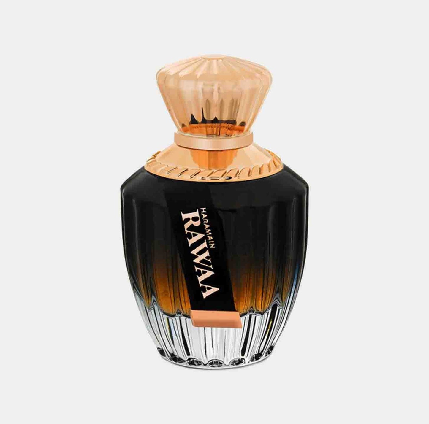 A luxurious bottle of Al Haramain Rawaa Sample perfume, featuring an elegant black and transparent design with a gold cap. The label prominently displays the name Rawaa in stylish lettering.
