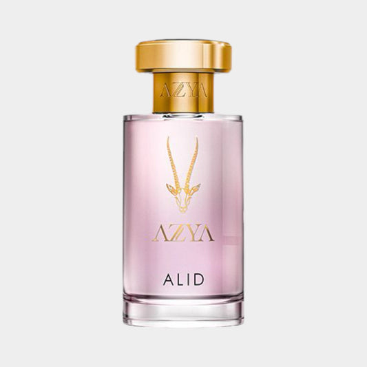 A full bottle of Azya Alid, featuring a sleek glass design with a gold cap and the brand's logo prominently displayed. The fragrance is light pink in color, exuding elegance and sophistication.