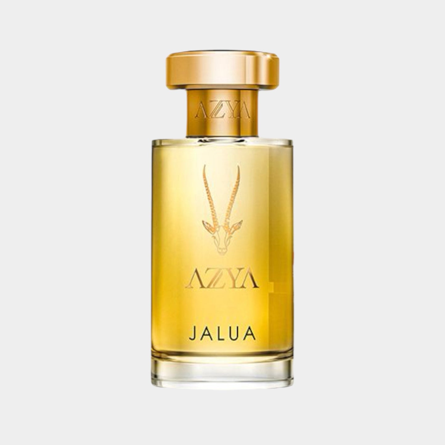 Azya Jalua Sample, featuring a sleek glass bottle with a golden cap, holding a rich, amber-colored fragrance.