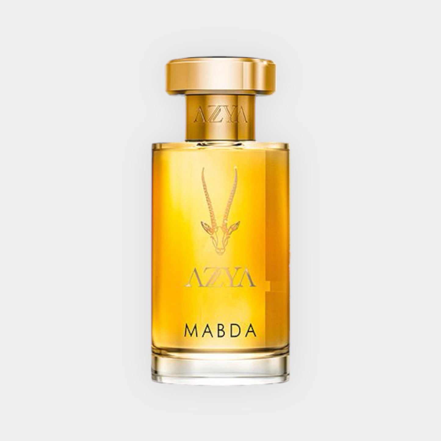 Azya Mabda Sample fragrance bottle, featuring a sleek glass design with a golden cap and an elegant label showcasing the brand name 'Azya' and 'Mabda.'