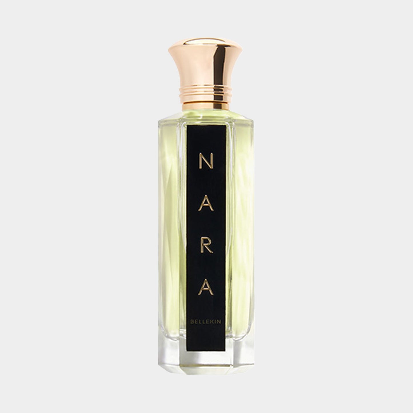Bellekin Nara Sample is a stylish perfume bottle featuring a sleek design with a gold cap and a black label displaying the word 'NARA' in elegant lettering.