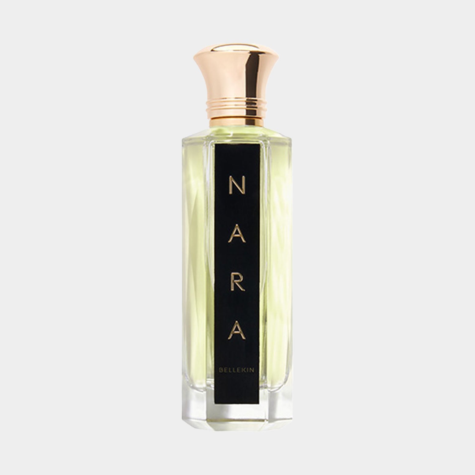 Bellekin Nara Sample is a stylish perfume bottle featuring a sleek design with a gold cap and a black label displaying the word 'NARA' in elegant lettering.