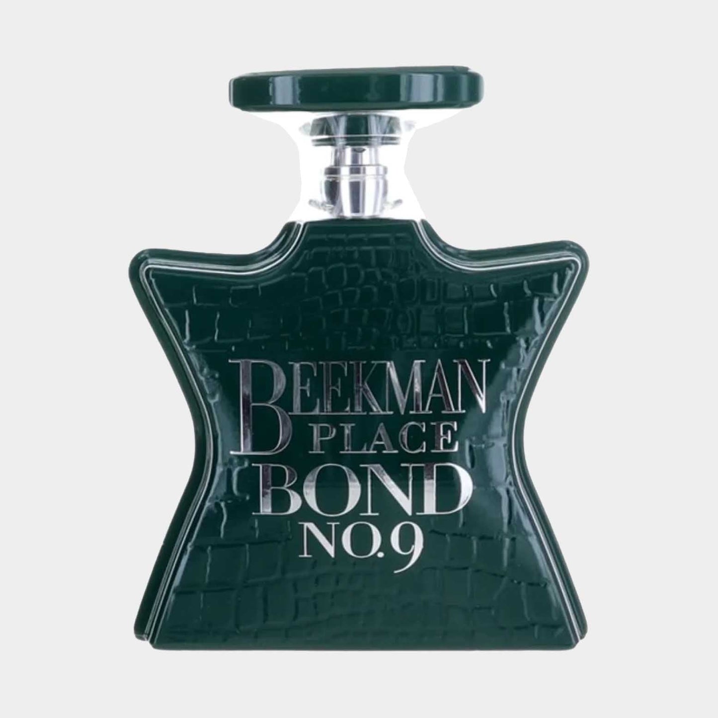 Full bottle of Bond No.9 Beekman Place perfume featuring a distinctive green, crocodile-patterned bottle with silver lettering.