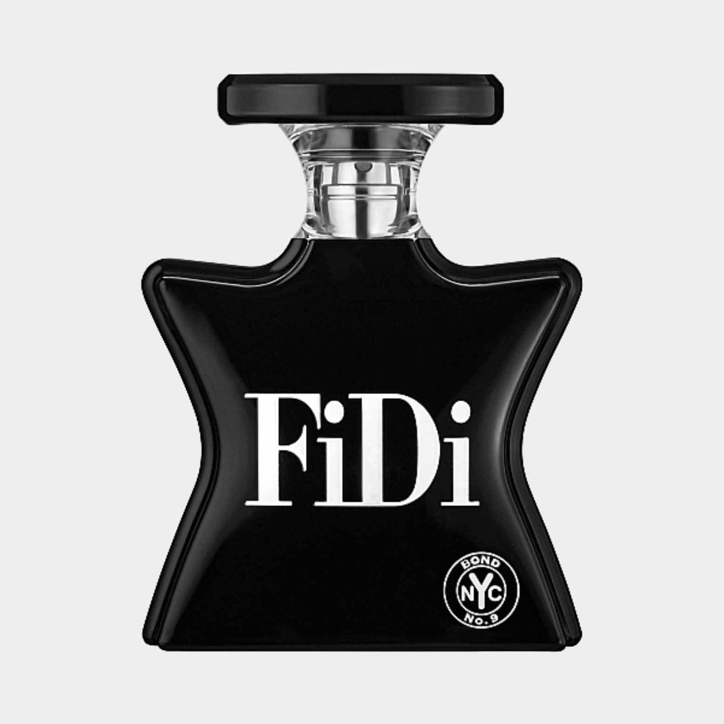 A sleek black bottle of Bond No.9 FiDi Sample, featuring a distinctive star shape and bold white lettering. The design embodies elegance and sophistication, reflecting the essence of New York City.