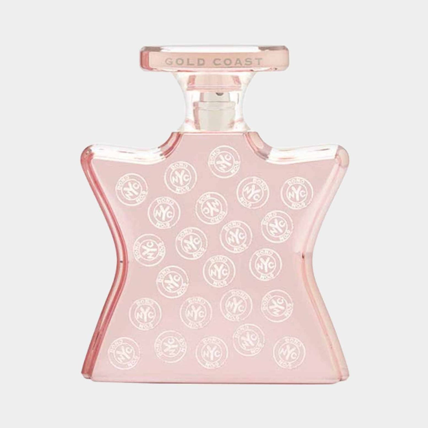 A sleek, star-shaped bottle of Bond No.9 Gold Coast Sample, made of translucent pink glass adorned with white NY logos. The elegant design reflects the vibrant essence of the Gold Coast.