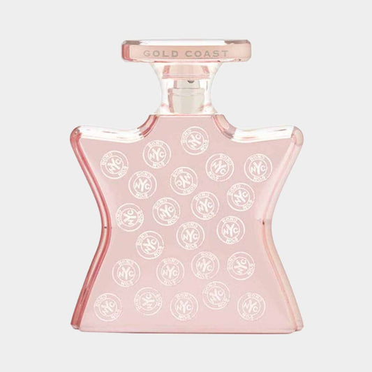 A sleek, star-shaped bottle of Bond No.9 Gold Coast Sample, made of translucent pink glass adorned with white NY logos. The elegant design reflects the vibrant essence of the Gold Coast.