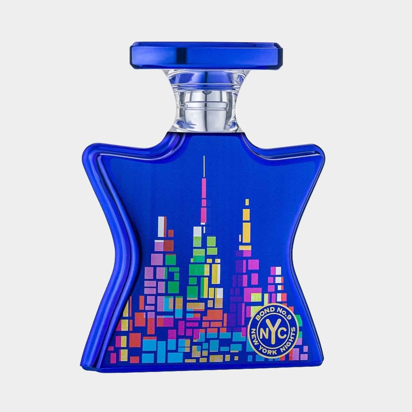 A vibrant blue bottle of Bond No.9 New York Nights Sample, featuring a colorful skyline design. The star-shaped bottle has a clear cap and is adorned with the brand's NYC logo.