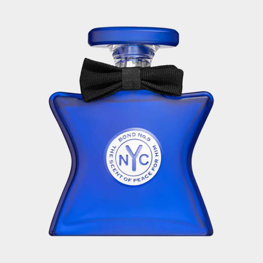 A blue star-shaped bottle of Bond No.9 The Scent of Peace For Him Sample, featuring a black bowtie accent and the iconic NYC logo on the front.