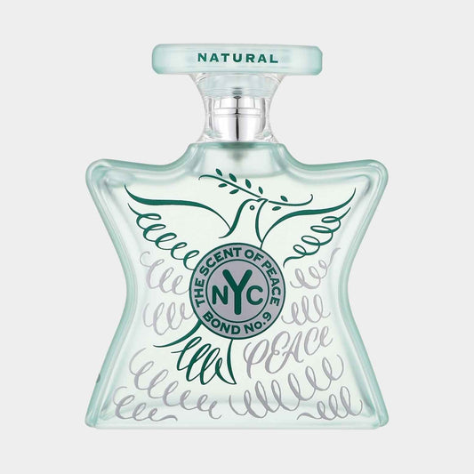 Bond No.9 The Scent of Peace Natural full bottle features a star-shaped glass design with a dove motif and elegant typography, symbolizing tranquility and harmony.