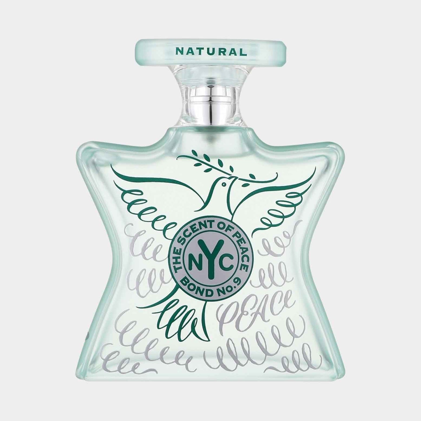 A bottle of Bond No. 9 The Scent of Peace Natural Sample, featuring a star-shaped design with a dove motif and elegant script. The bottle is predominantly light green with a clear cap.
