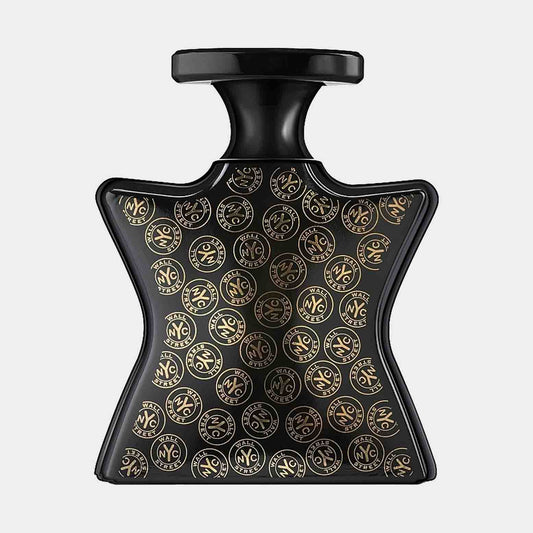 Bond No.9 Wall Street Sample fragrance in a sleek black bottle adorned with gold circular patterns.
