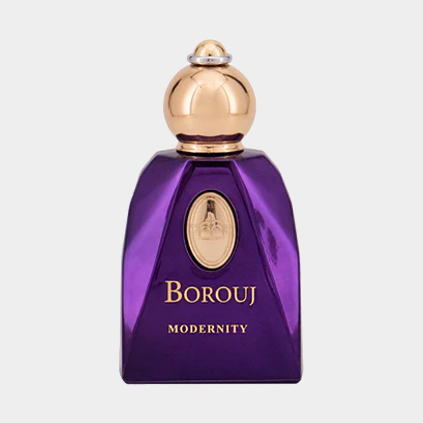A sleek purple bottle of Borouj Modernity Sample, featuring a gold cap and elegant design, showcases a luxurious fragrance. The label prominently displays Borouj Modernity in stylish lettering.