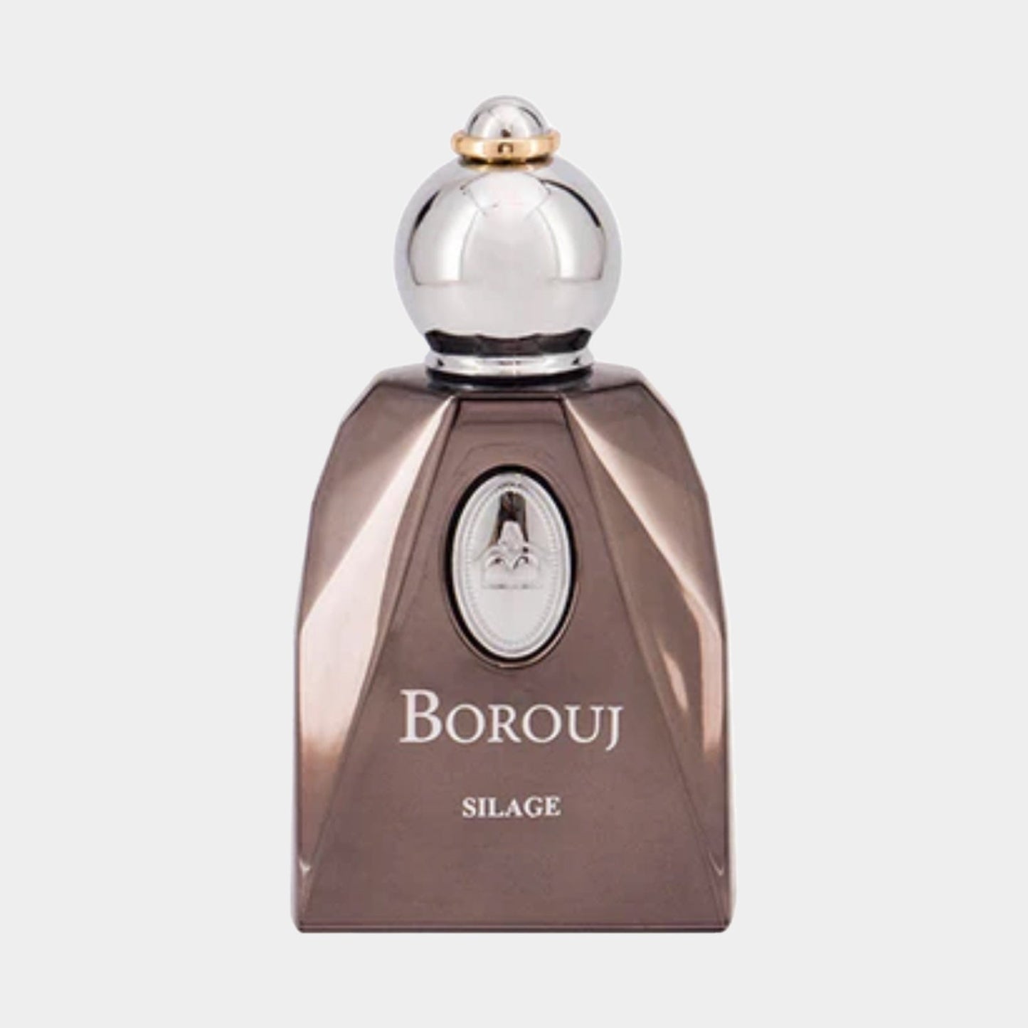 A sleek, geometric bottle of Borouj Silage perfume featuring a silver and black design with a decorative cap. The brand name Borouj is elegantly displayed on the front of the bottle.