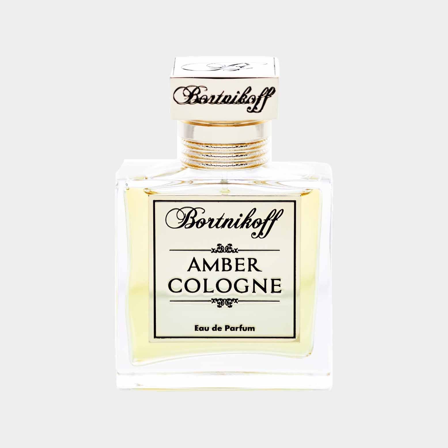 A full bottle of Bortnikoff Amber Cologne, featuring an elegant glass design with a gold-trimmed label that reads Bortnikoff Amber Cologne and Eau de Parfum.