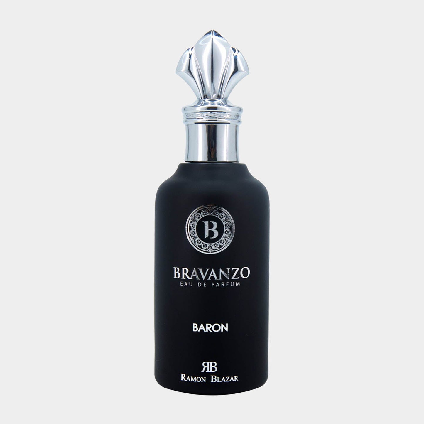 A sleek black perfume bottle featuring a decorative silver cap, labeled Bravanzo Baron Sample and designed by Ramon Blazar, exuding elegance and sophistication.