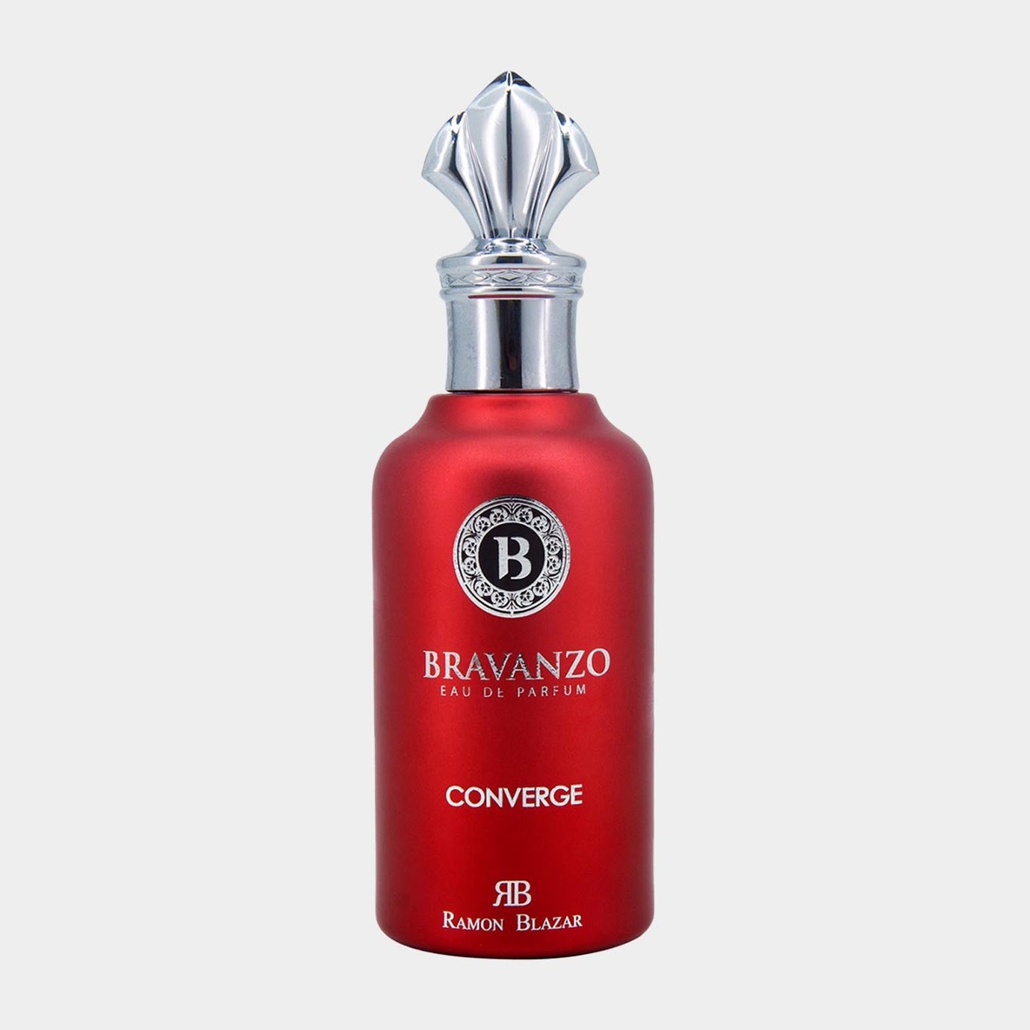 A luxurious red perfume bottle with a decorative silver cap, labeled Bravanzo Converge Sample and featuring the brand logo. The sleek design highlights its elegant and modern aesthetic.