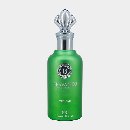 A luxurious green bottle of Bravanzo Vestige Eau de Parfum featuring an ornate silver cap and elegant branding. The bottle has a matte finish and a sleek, sophisticated design.