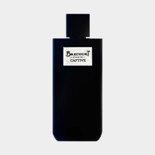 A sleek black bottle of Brecourt Captive perfume, featuring a minimalist design and a square cap, prominently displaying the brand label.