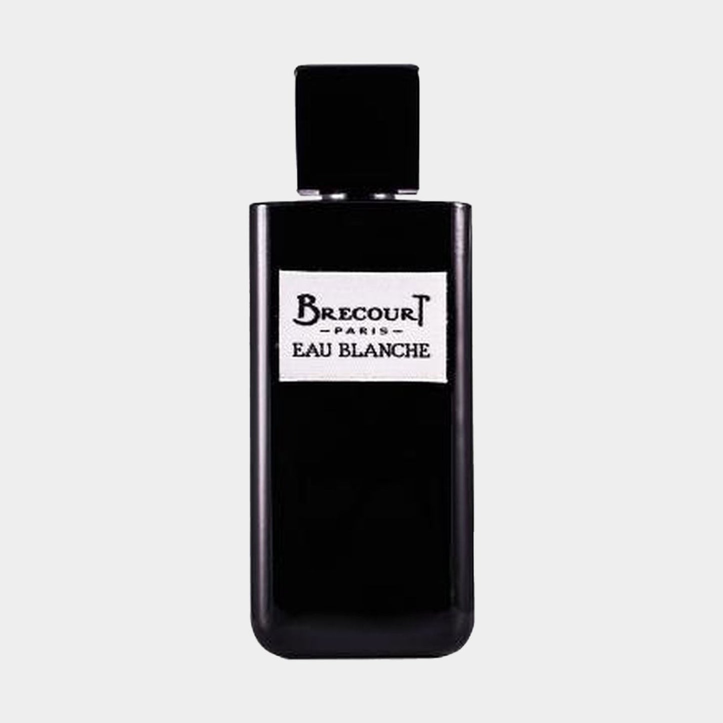 A sleek black bottle of Brecourt Eau Blanche sample, featuring a minimalist design with its label prominently displayed. The bottle exudes elegance, perfect for fragrance enthusiasts.