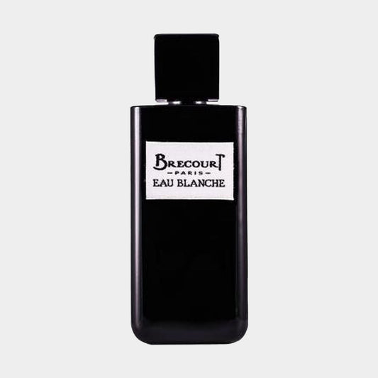 A sleek black bottle of Brecourt Eau Blanche sample, featuring a minimalist design with its label prominently displayed. The bottle exudes elegance, perfect for fragrance enthusiasts.
