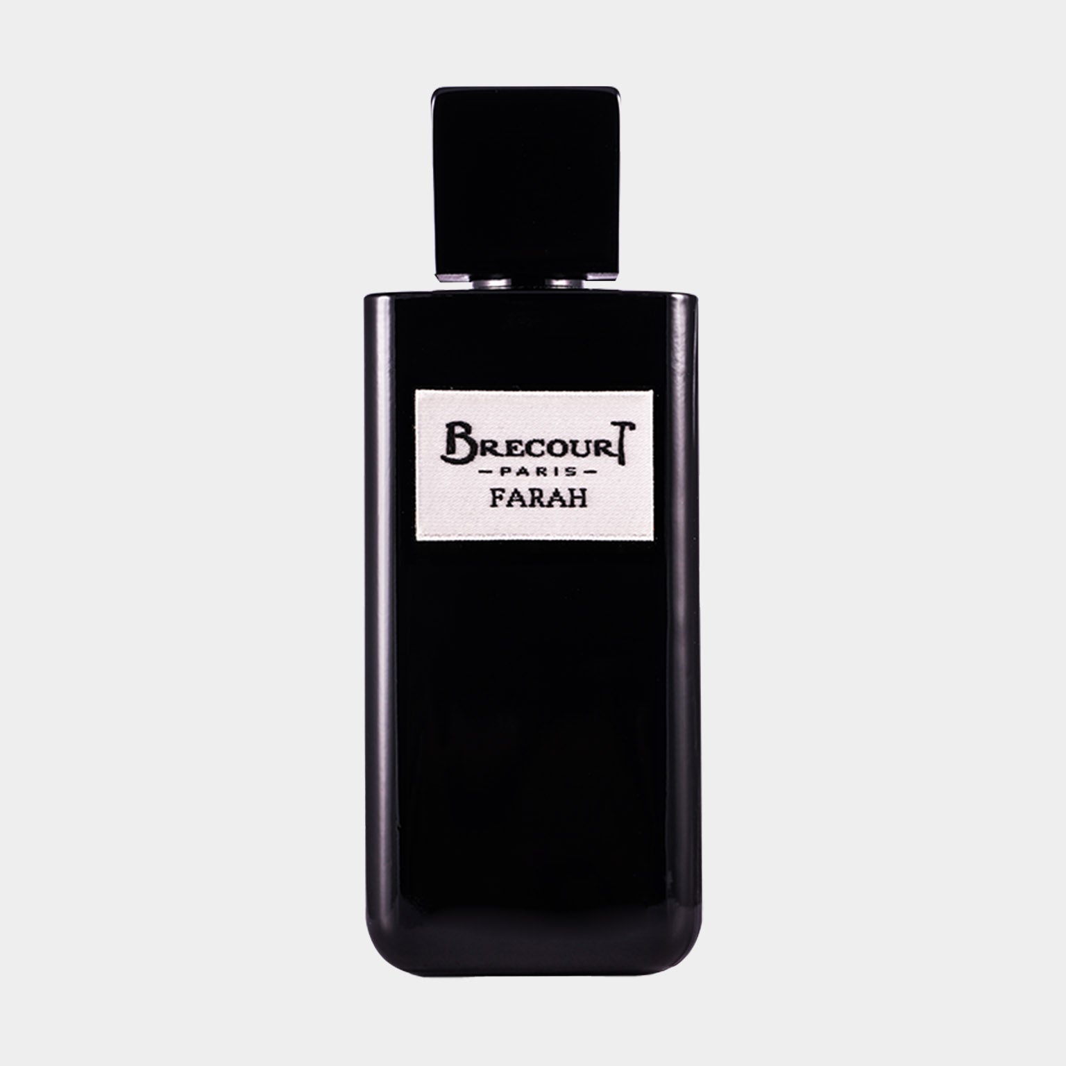 A sleek black bottle of Brecourt Farah EDP Sample, featuring a minimalist design and a white label displaying the brand name and fragrance title.