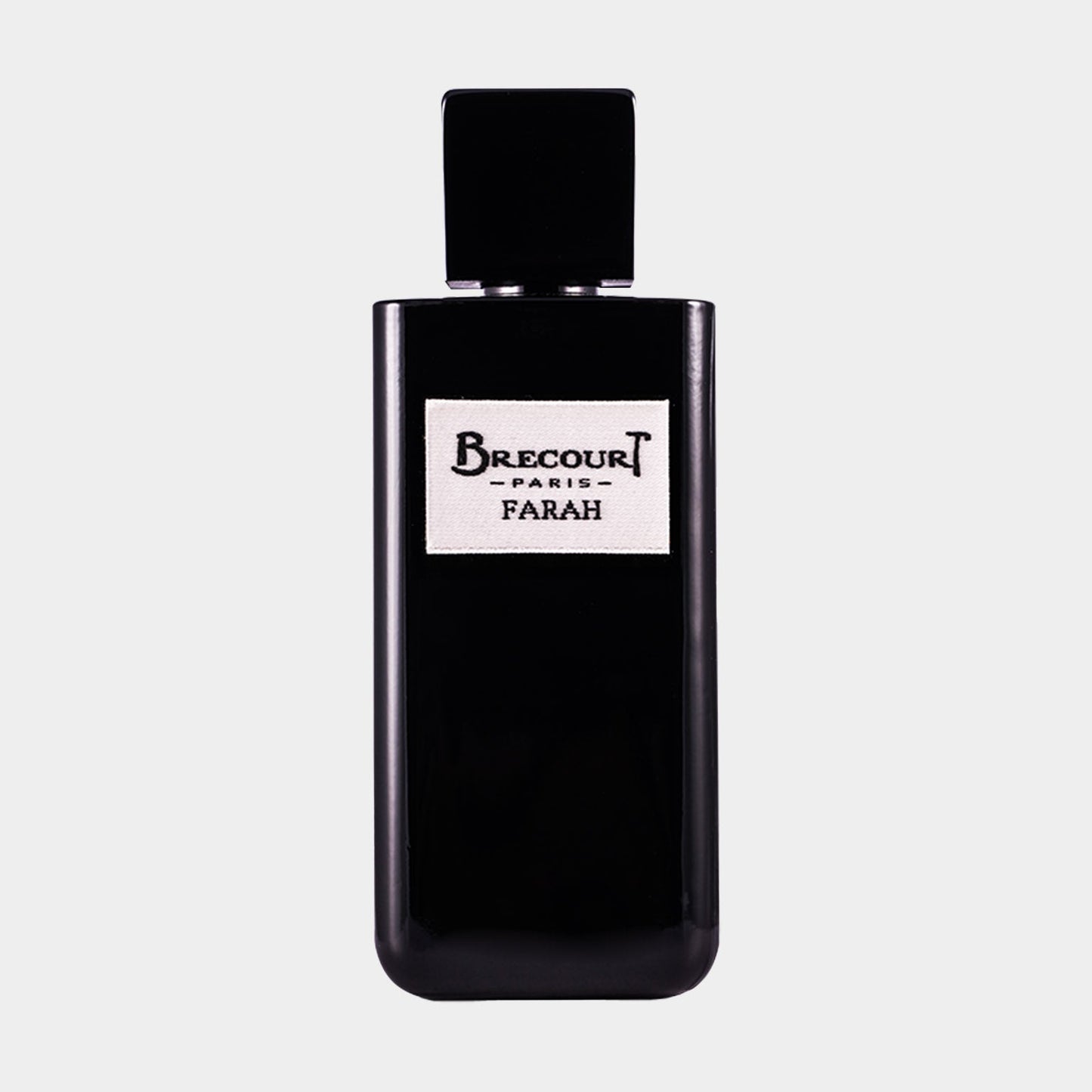 A sleek black full bottle of Brecourt Farah EDP, featuring a minimalist design and a label with elegant typography.