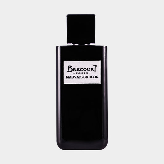 Black rectangular bottle of Brecourt Mauvais Garcon Sample perfume, featuring a minimalist design with a label that displays the brand name and fragrance title.