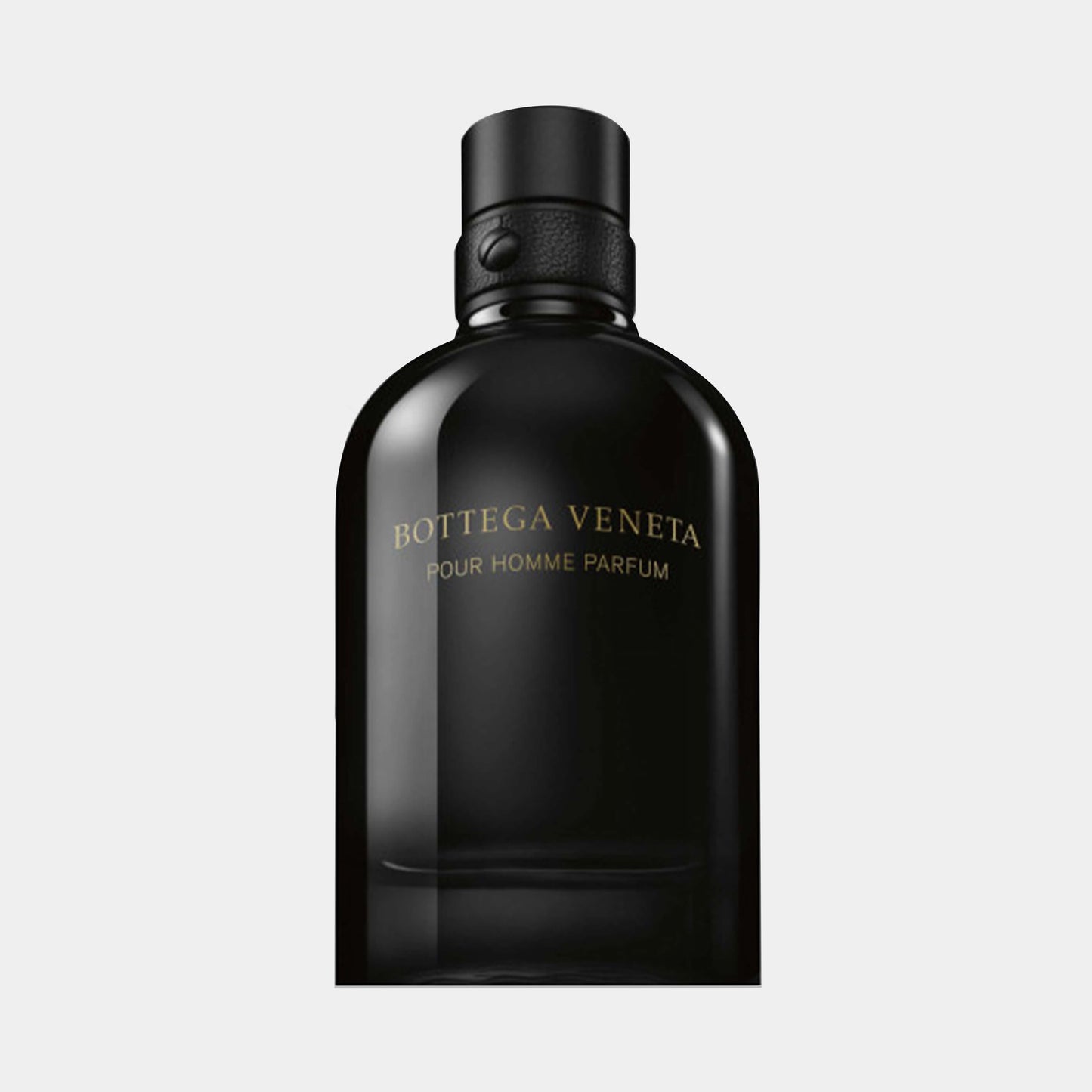 Bottega Veneta Pour Homme Parfum sample in a sleek black bottle, featuring elegant gold lettering. The design exudes sophistication and modernity.