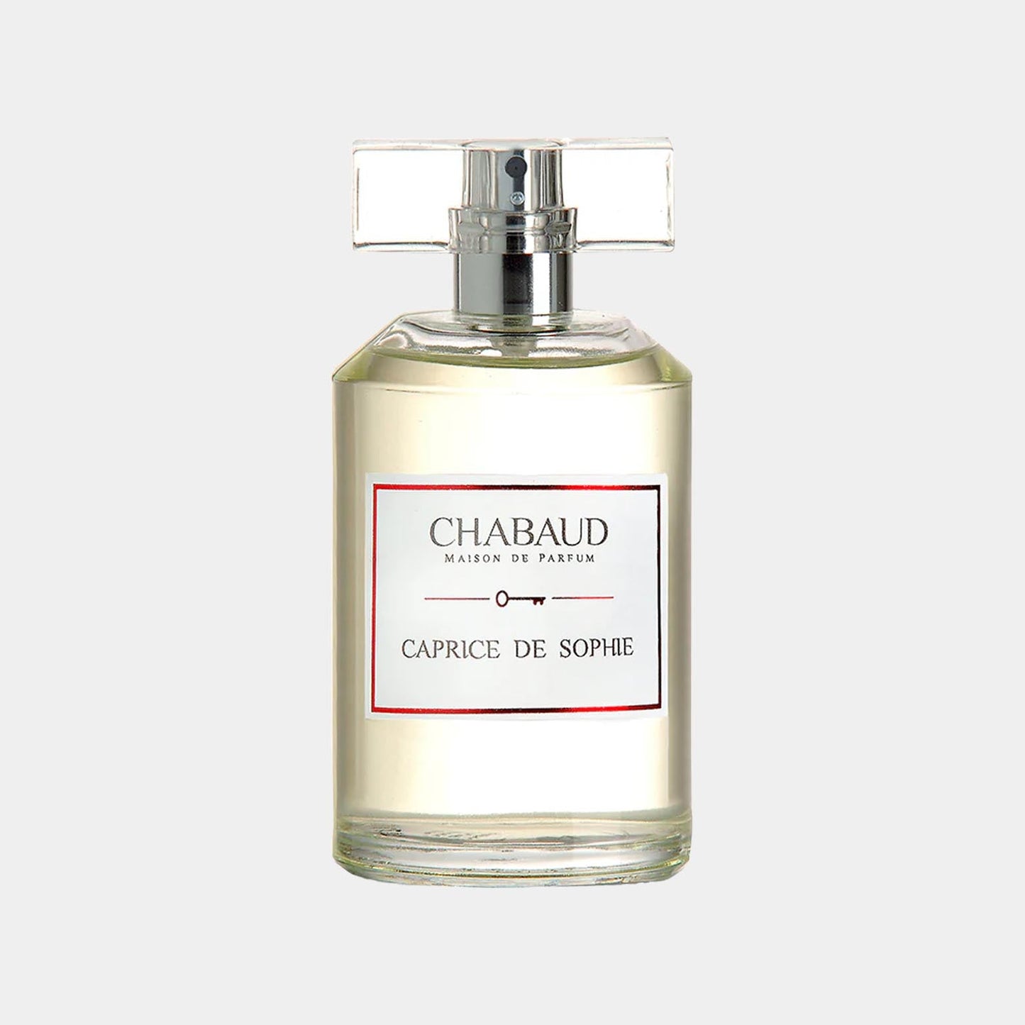 Chabaud Maison de Parfum Caprice de Sophie Sample is a sleek, transparent perfume bottle featuring a minimalist design with a silver cap and a label showcasing its elegant name. The fragrance exudes a sophisticated allure, perfect for sampling.