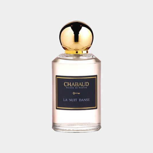 Sample bottle of Chabaud Maison de Parfum La Nuit Danse, featuring an elegant design with a round gold cap and a sleek glass container. The label prominently displays the fragrance name in stylish lettering.