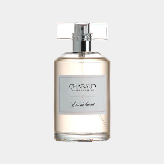 A sample bottle of Chabaud Maison de Parfum Lait de Biscuit EDT, featuring a clear glass design with a rectangular label displaying the brand name and fragrance title, capturing an elegant and inviting scent.