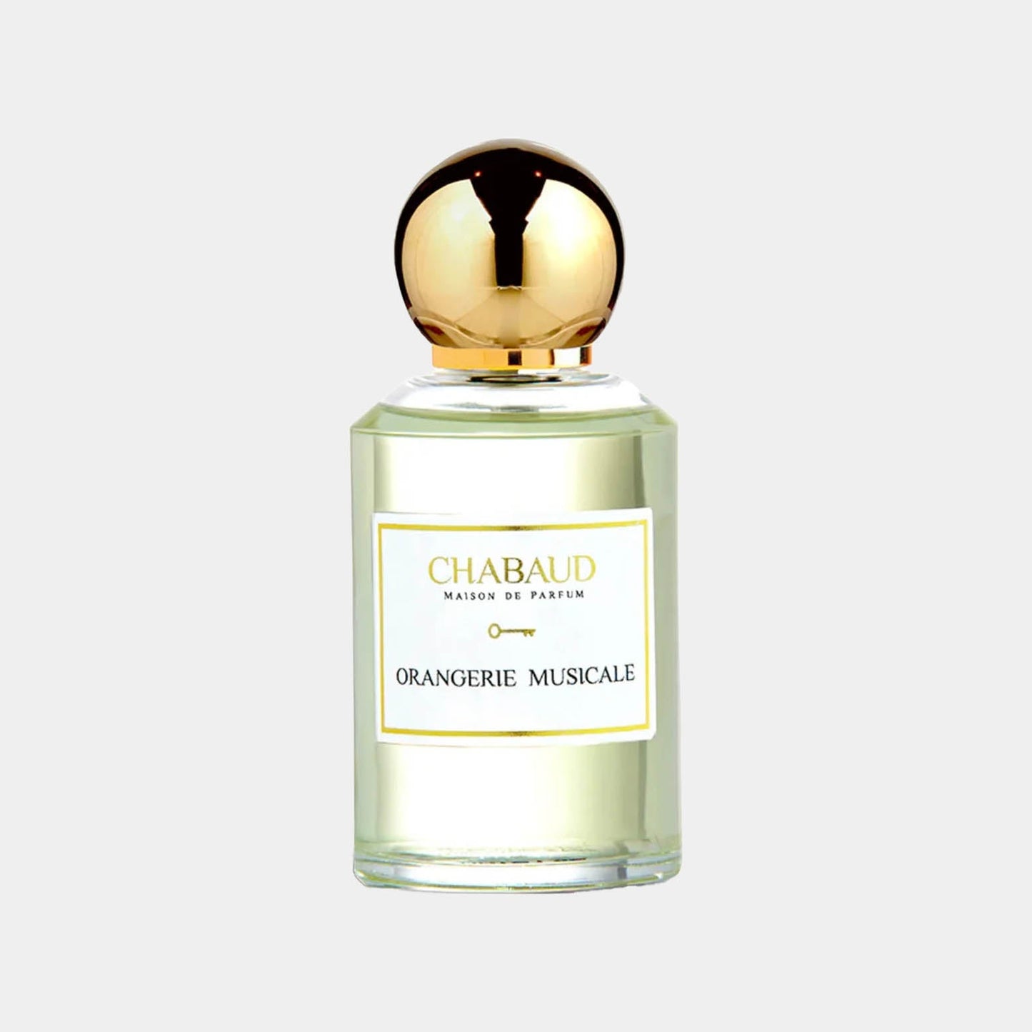 Sample bottle of Chabaud Maison de Parfum's Orangerie Musicale, featuring an elegant design with a gold cap and a clear glass container showcasing the light perfume liquid inside.