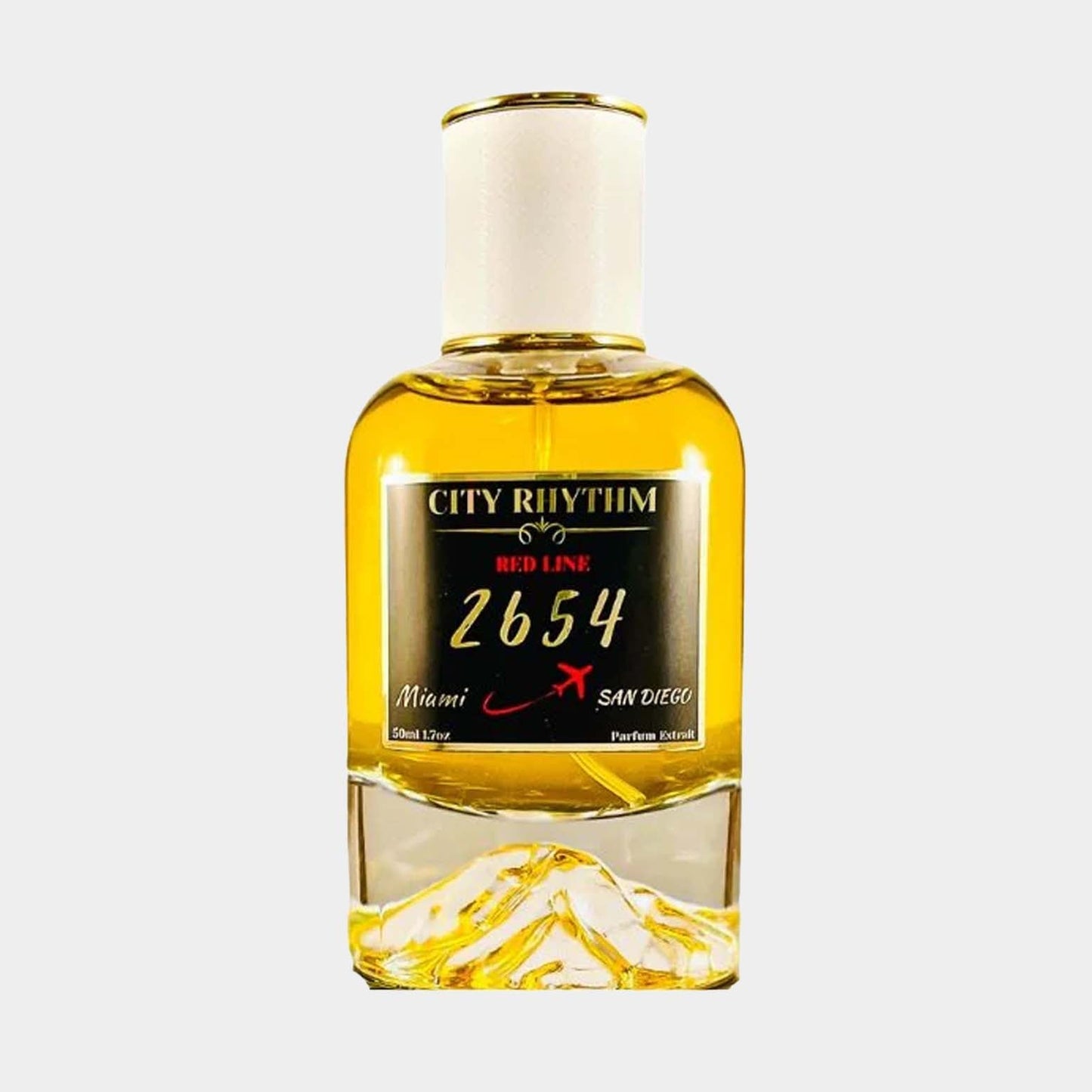 A bottle of City Rhythm 2654 Sample fragrance, featuring a sleek design with a golden liquid and a white cap, labeled with Red Line and city names Miami and San Diego.