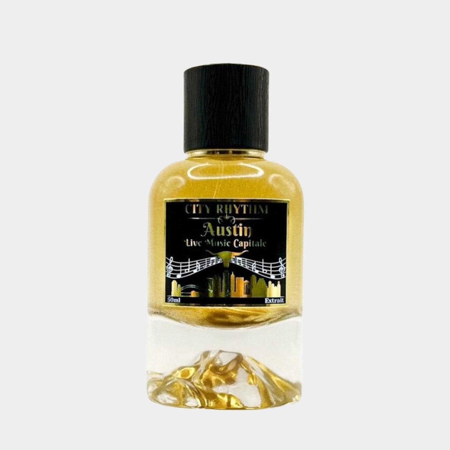 A full bottle of City Rhythm Austin fragrance, featuring a sleek design with a black cap and a gold liquid inside, symbolizing the vibrant essence of Austin, the live music capital.