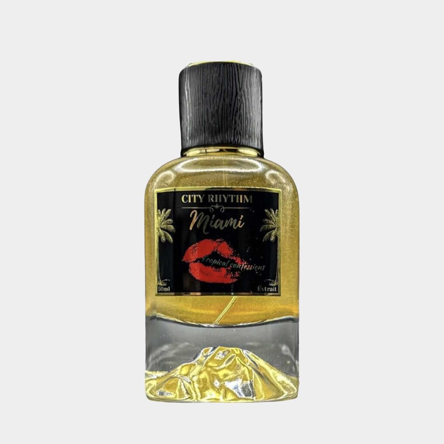 Full bottle of City Rhythm Miami Tropical Confessions fragrance, featuring a sleek design with a black cap and a vibrant label adorned with a red lip print and tropical accents.