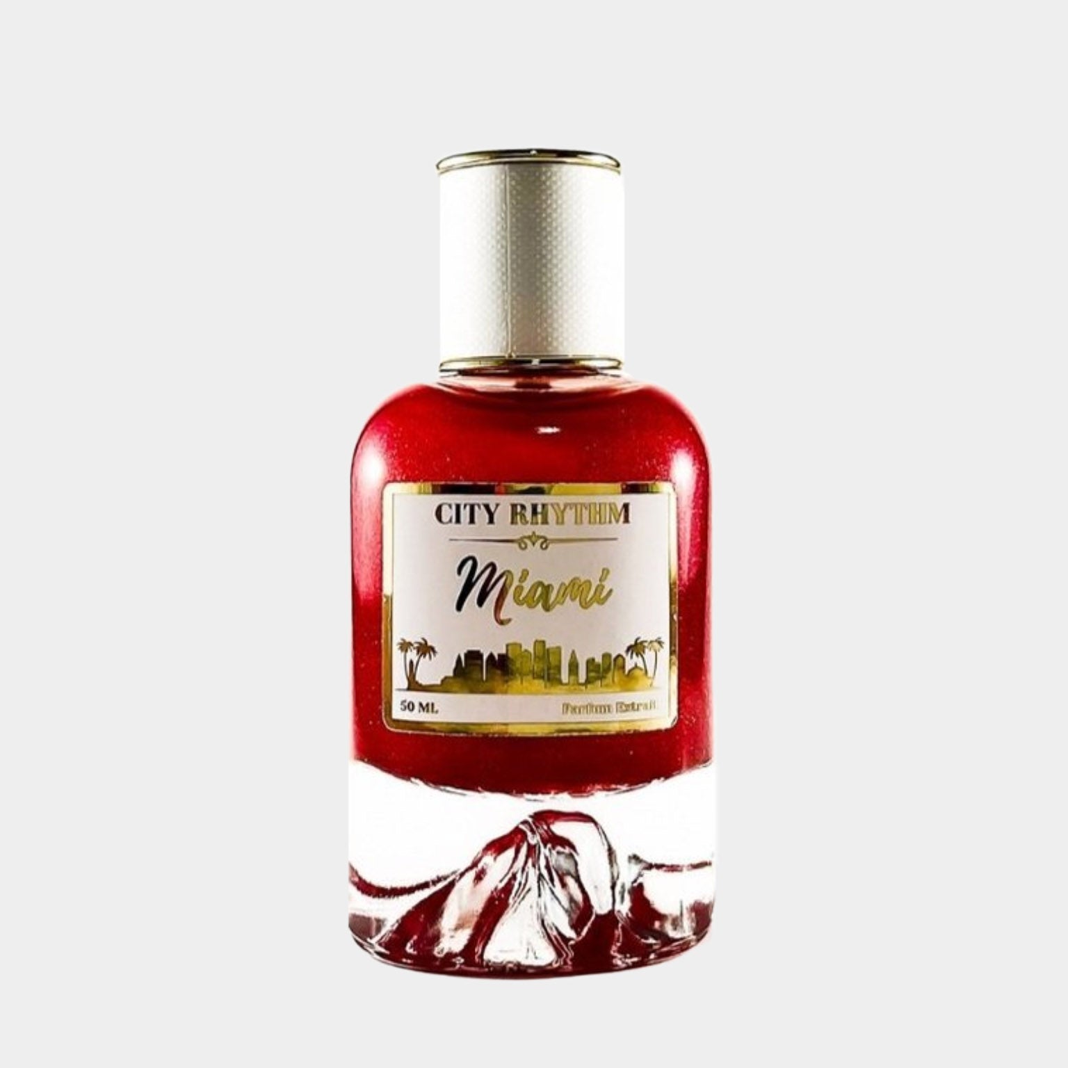 A 50 mL bottle of 'City Rhythm Miami Sample' perfume, featuring a vibrant red liquid and a decorative label showcasing a city skyline. The bottle has an elegant design with a gold cap and base.