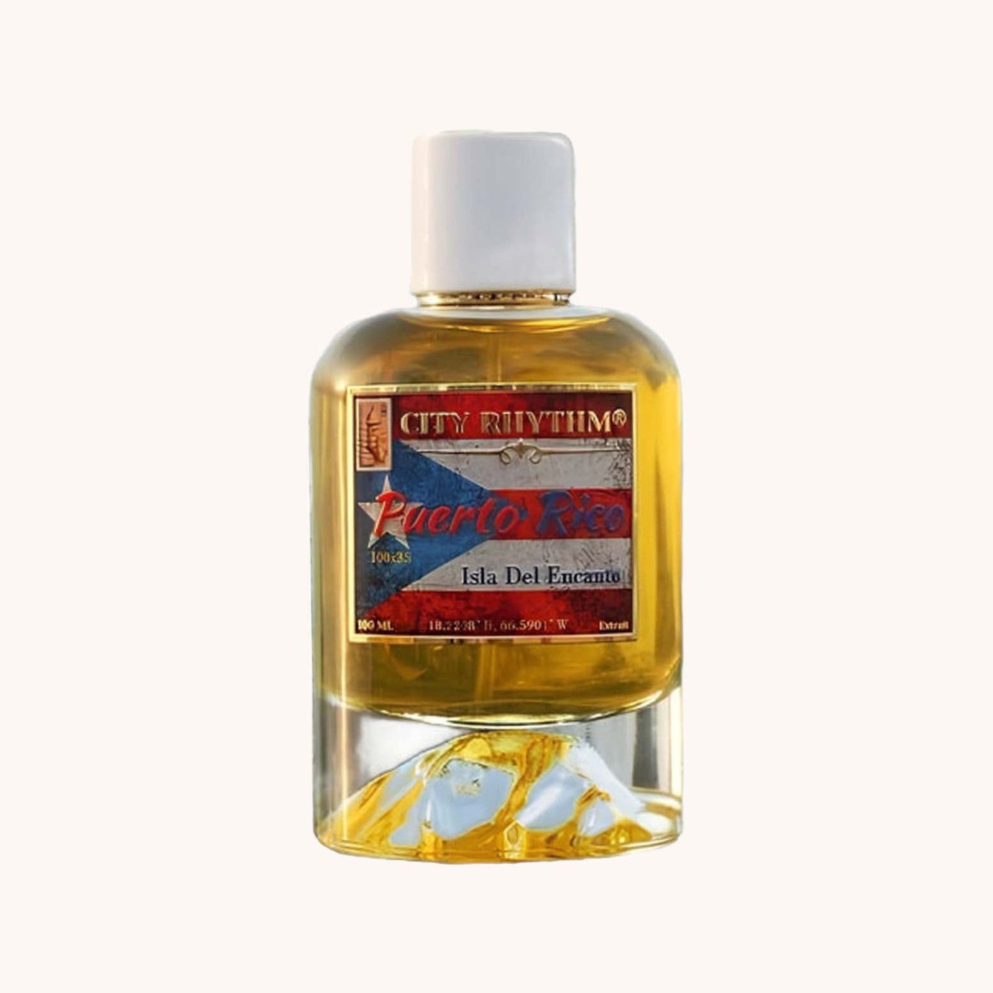 A bottle of City Rhythm Puerto Rico Sample fragrance, featuring a clear glass design with a golden liquid and a label showcasing the Cuban flag and the name Isla Del Encanto. The bottle holds 100 mL of the perfume.