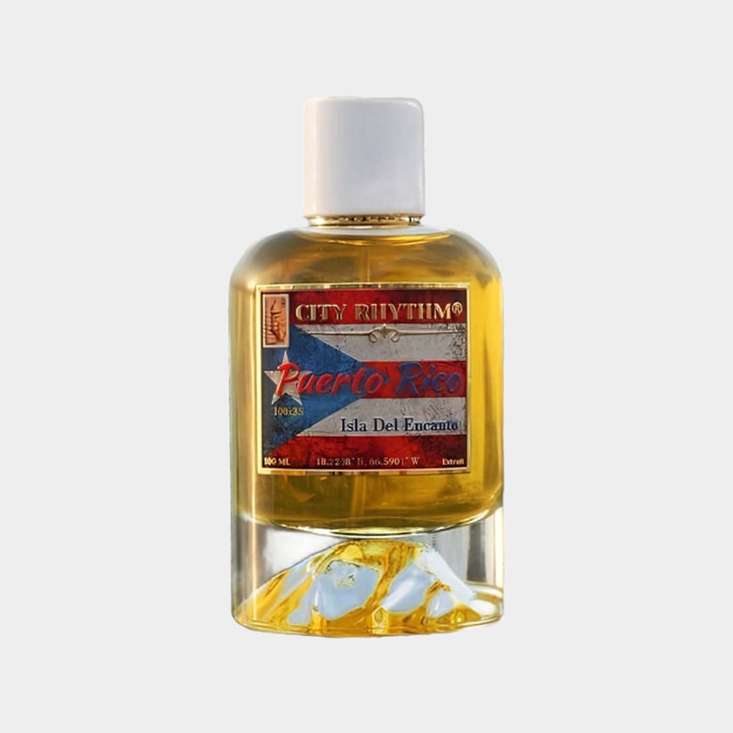 A full bottle of City Rhythm Puerto Rico fragrance, featuring a golden-yellow liquid and a vintage-inspired label showcasing the Puerto Rican flag. The bottle is elegantly designed, highlighting its tropical essence.