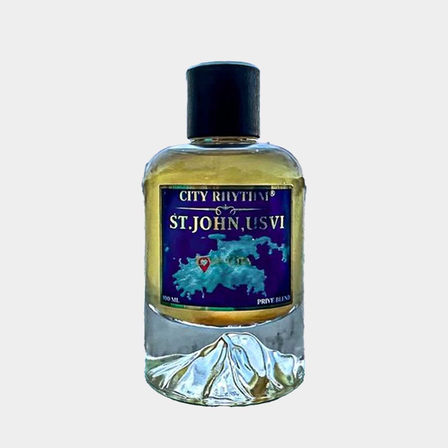 A clear bottle of City Rhythm St John Sample, featuring a colorful label with a map of St. John, USVI, and a black cap. The fragrance inside is golden yellow, suggesting a tropical scent.