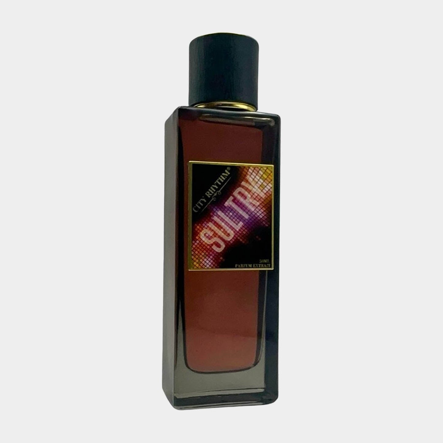 A full bottle of City Rhythm Sultry fragrance, featuring a sleek glass design with a dark amber liquid and a vibrant label showcasing the word SULTRY in bold letters.